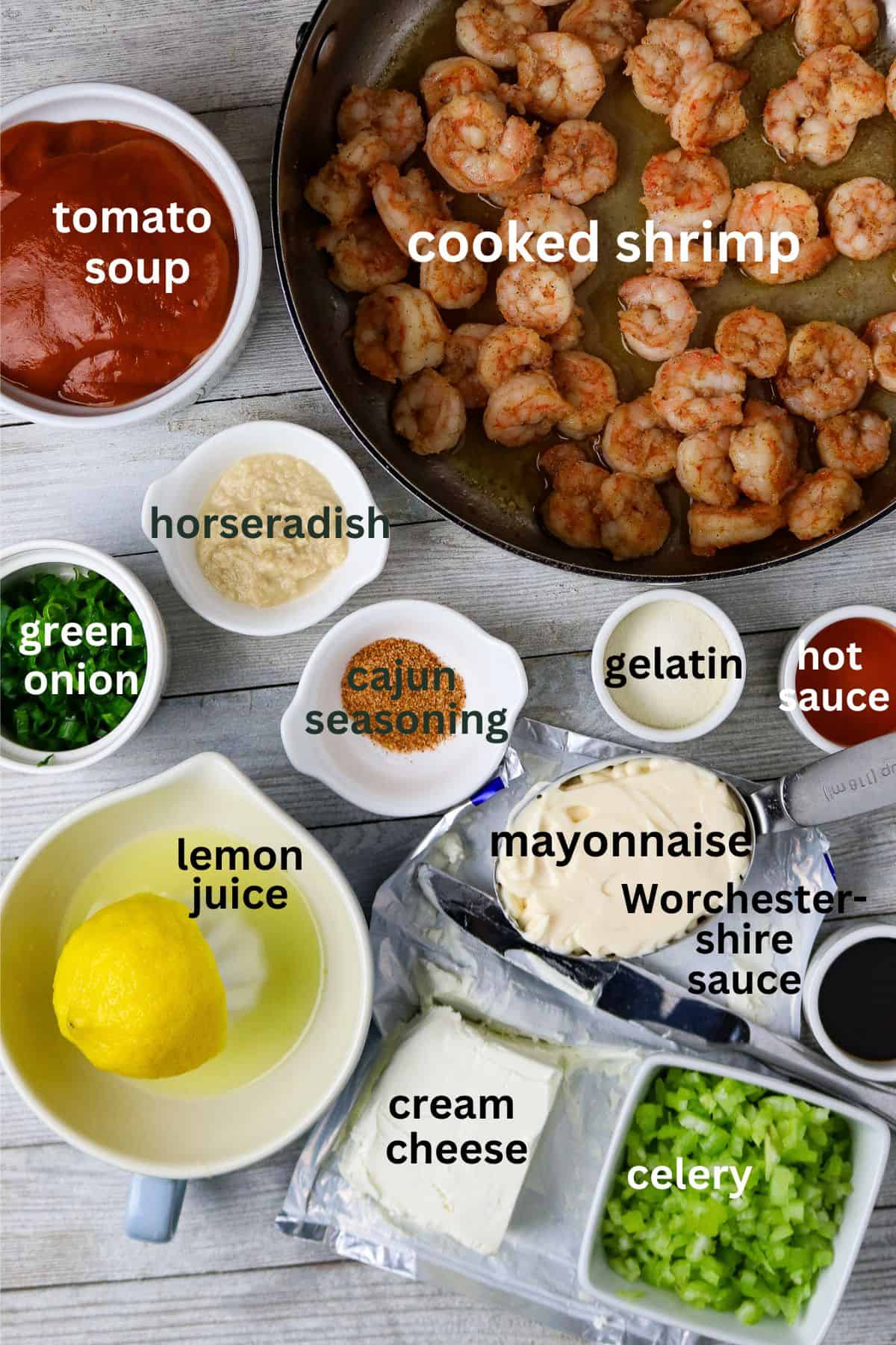 Individual containers or ingredients for a shrimp mold recipe.