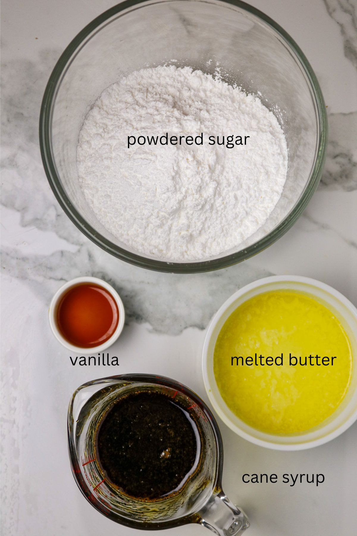 Individual ingredients for a cake glaze.