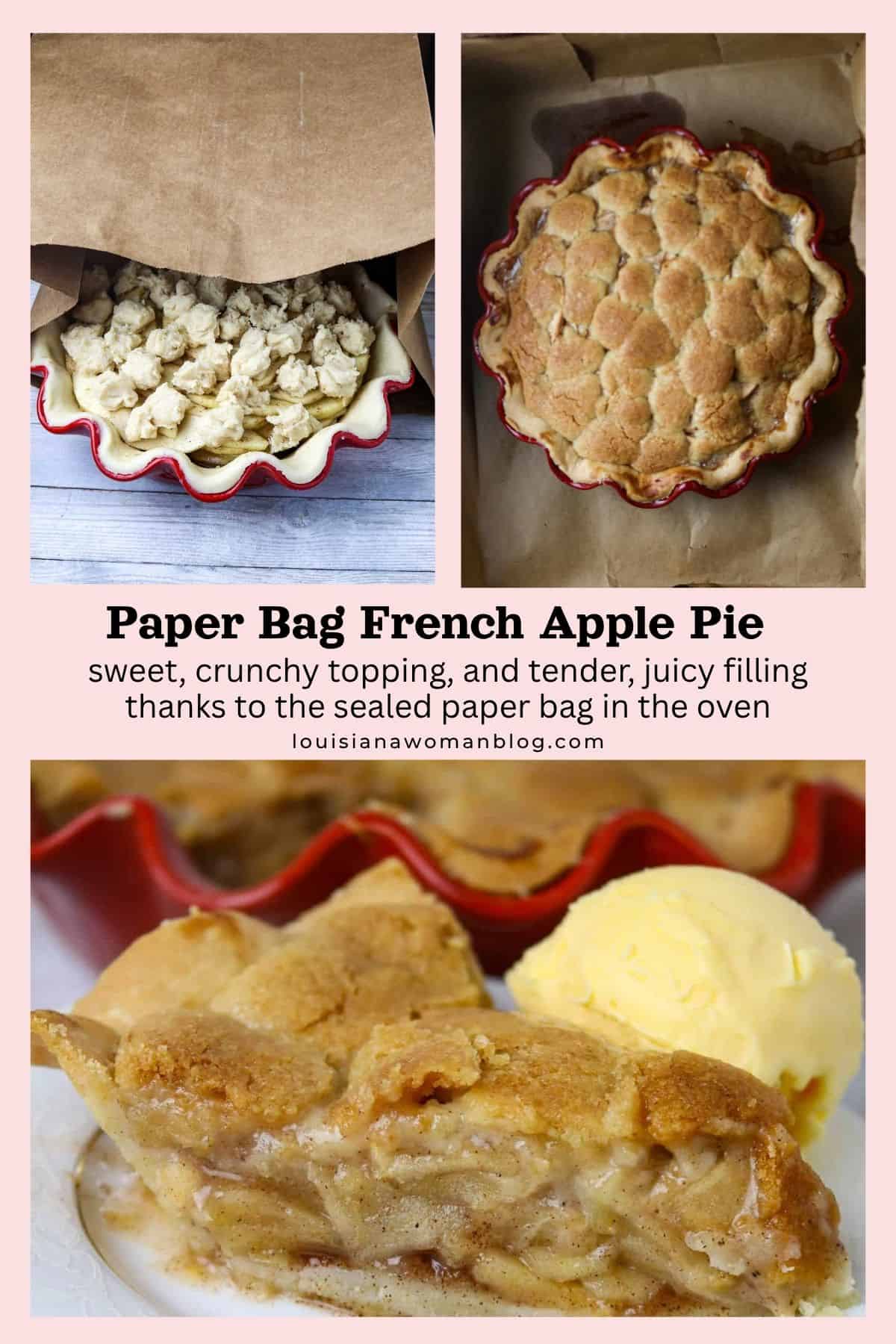 A collage of apple pie pictures and pie ingredients with a French Apple Pie title written across the middle.