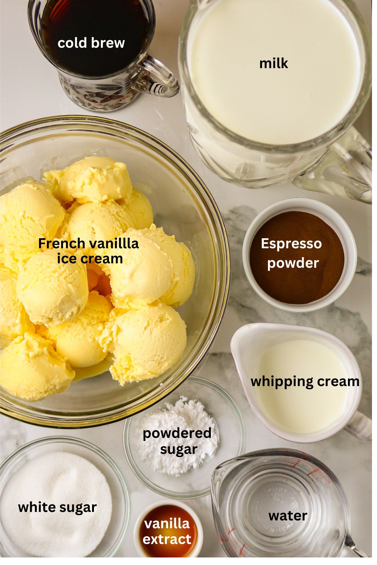 Ingredients of ice cream, milk, sugar, and coffee for French vanilla coffee punch.