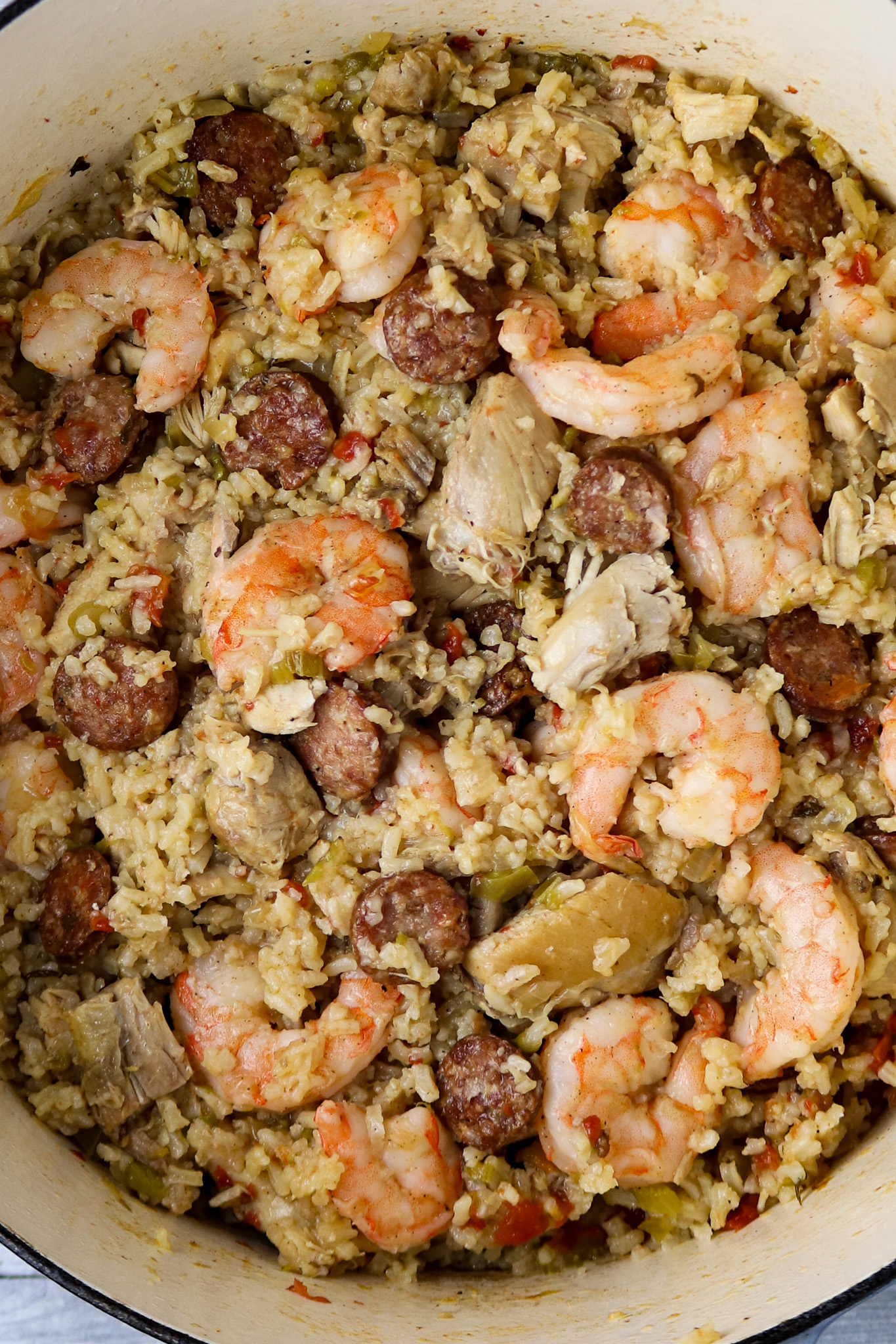 A pot of chicken and shrimp jambalaya.