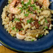 A blue plate of chicken and shrimp jambalaya.