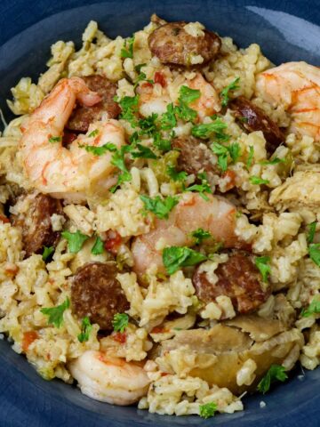 A blue plate of chicken and shrimp jambalaya.