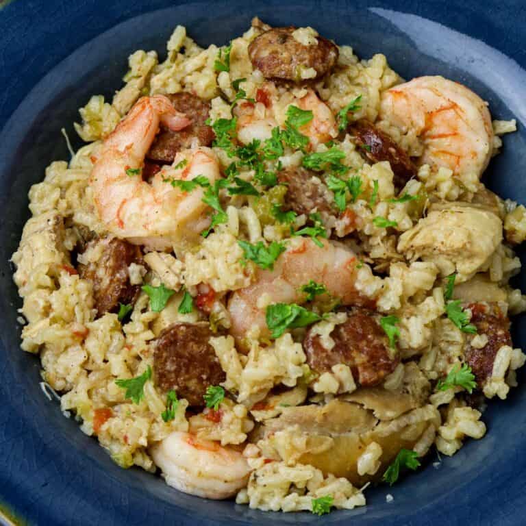 A blue plate of chicken and shrimp jambalaya.
