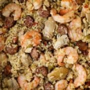 A pot of chicken and shrimp jambalaya.