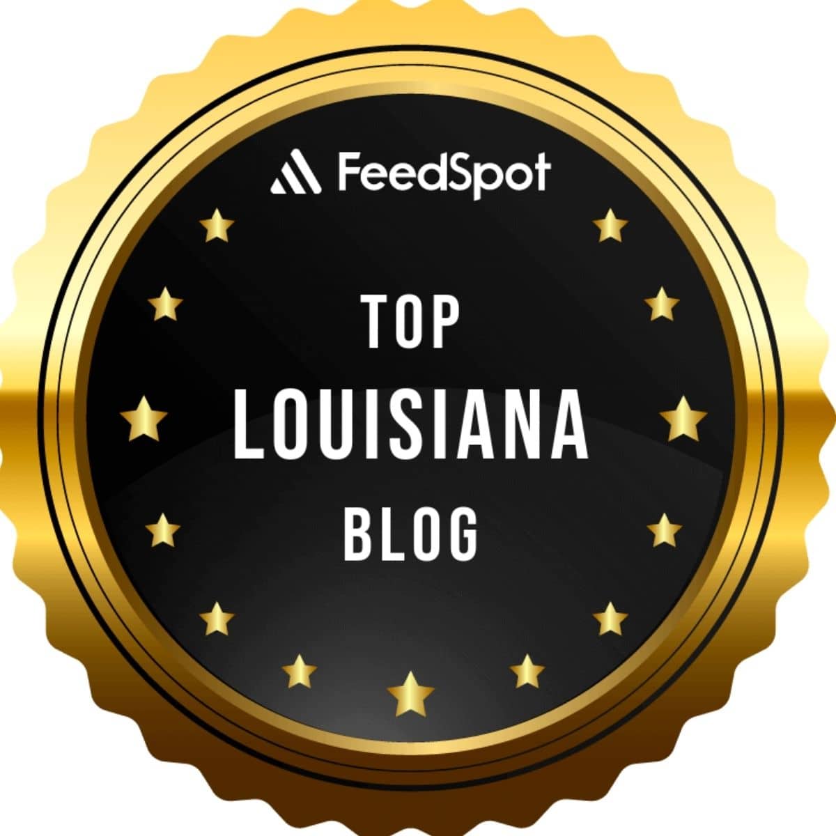 A black and gold badge for Top Louisiana Blog from Feedspot