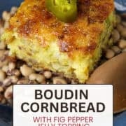 A Pinterest pin for Boudin Cornbread showing photos of cornbread labled with titles website.