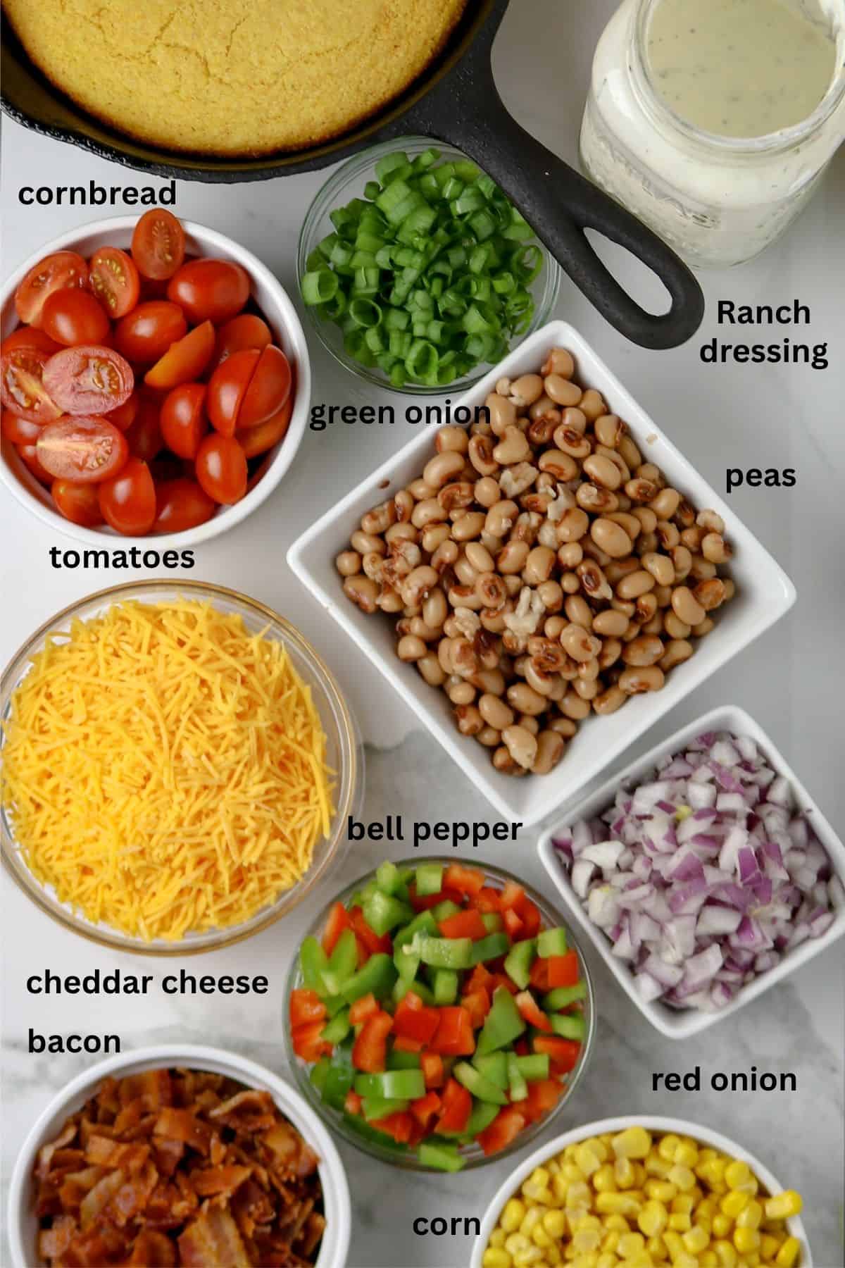 Separate ingredients of a layered salad.