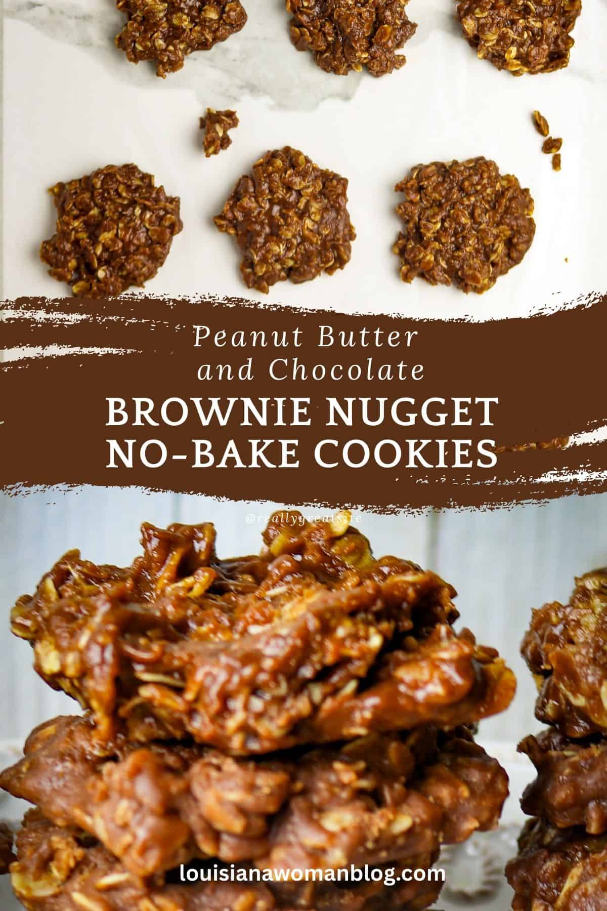 A collage of two pictures, two rows of round fudgy cookies on a sheet of wax paper with  a close up of a stack of no-bake cookies.