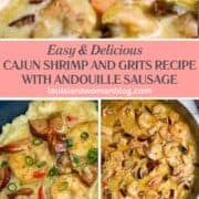 a collage of 3 phots of shrimp and grits in a pan, and in a bowl.