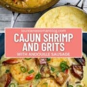 A collage of 2 photos, one of a pan of shrimp and a pot of grits.