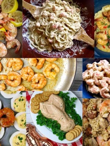 A collage of shrimp dishes.