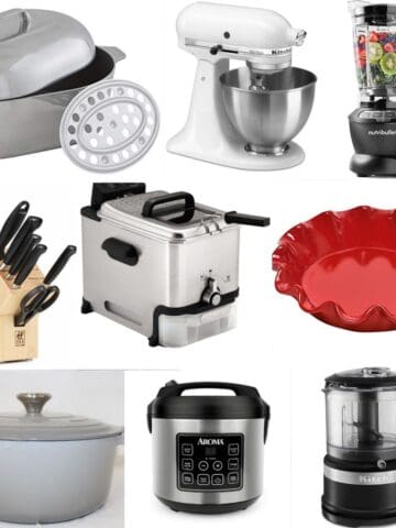 A collection of phots of kitchen appliances and tools.