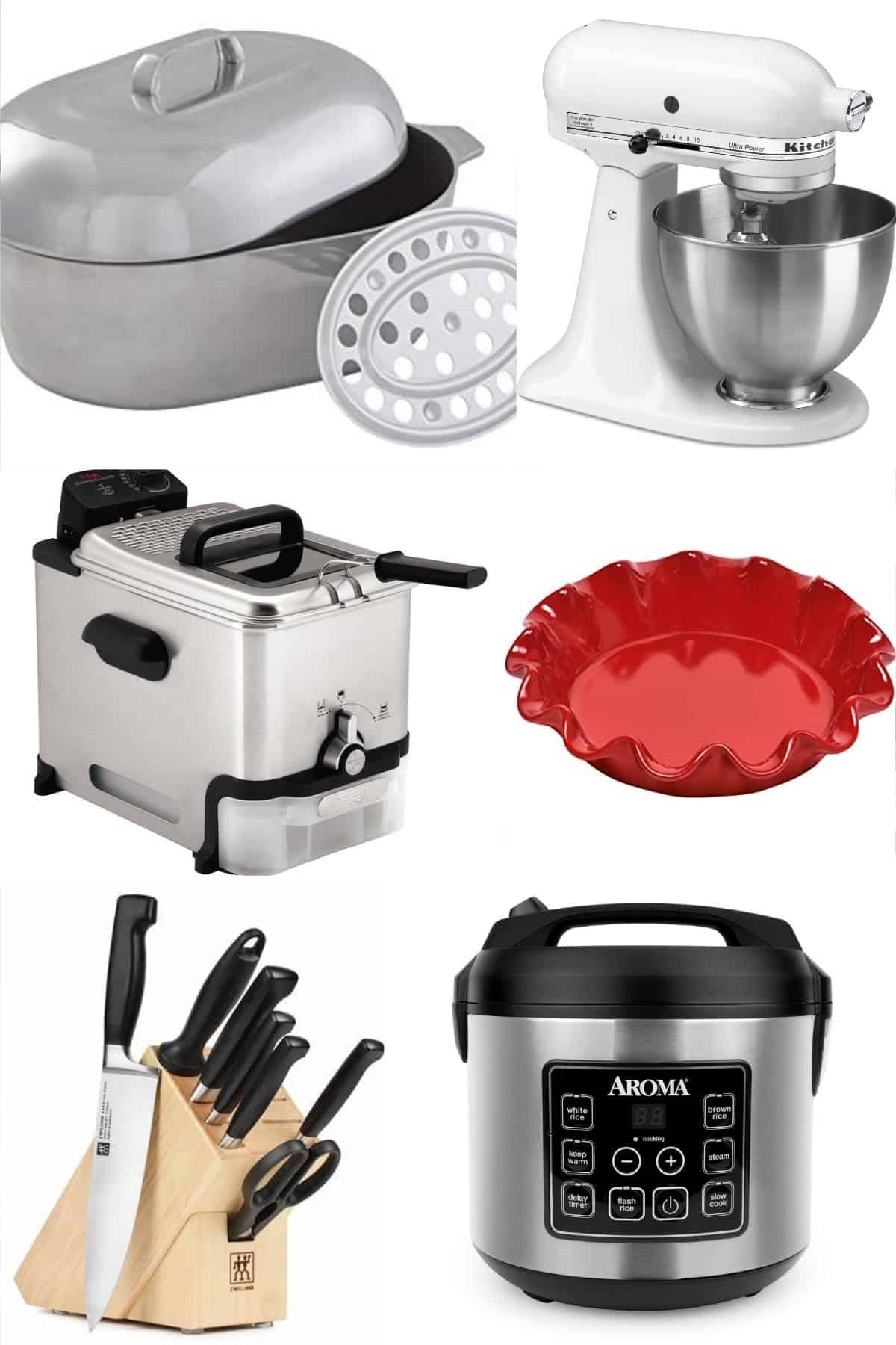 A photo of a pot, red pie plate, small electrical kitchen appliances, and a set of knives in a wooden block.