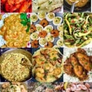 A collage of photos of Cajun dishes of seafood and vegetables.