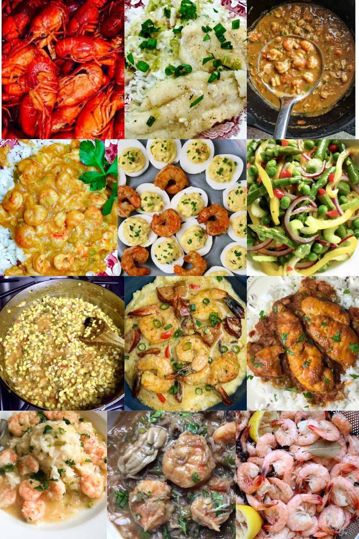 A collage of photos of Cajun dishes of meatless dishes of seafood and vegetables.