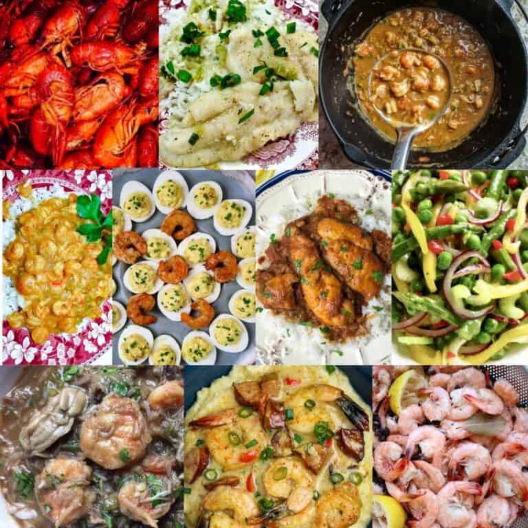 A collage of photos of Cajun dishes of seafood and vegetables.