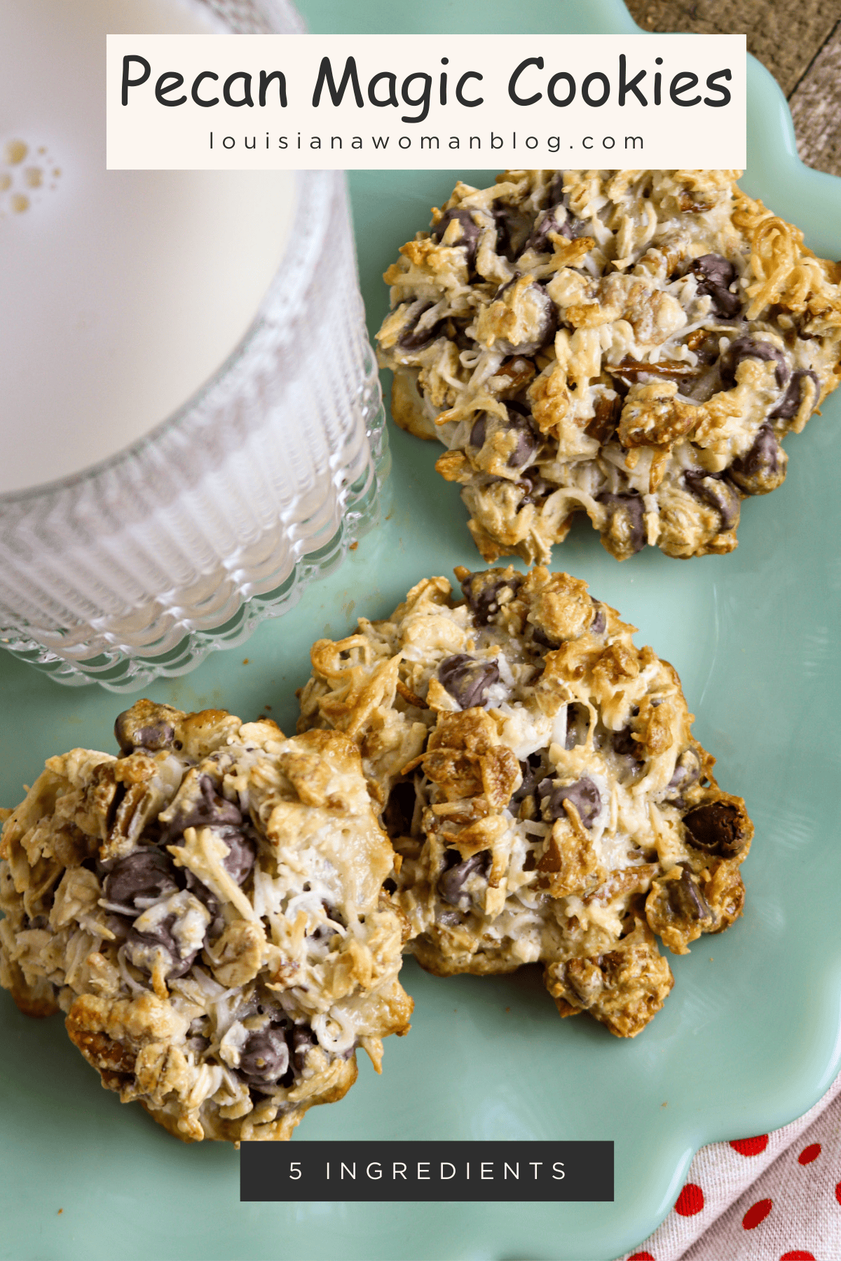 A mint green milk glass plate with a glass of milk and three cookies.