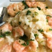 A Pinterest pin of a dish of shrimp etouffee over white rice.