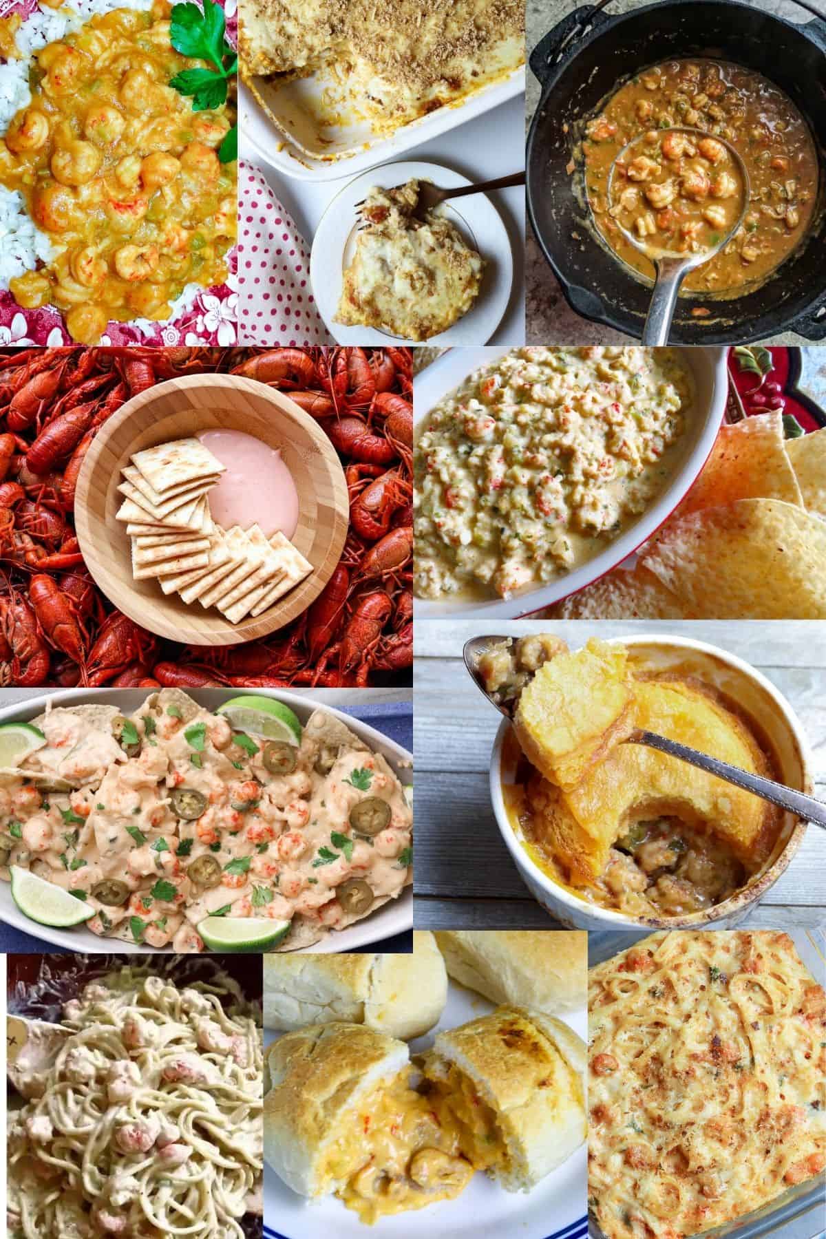 A collage of 10 crawfish dishes.
