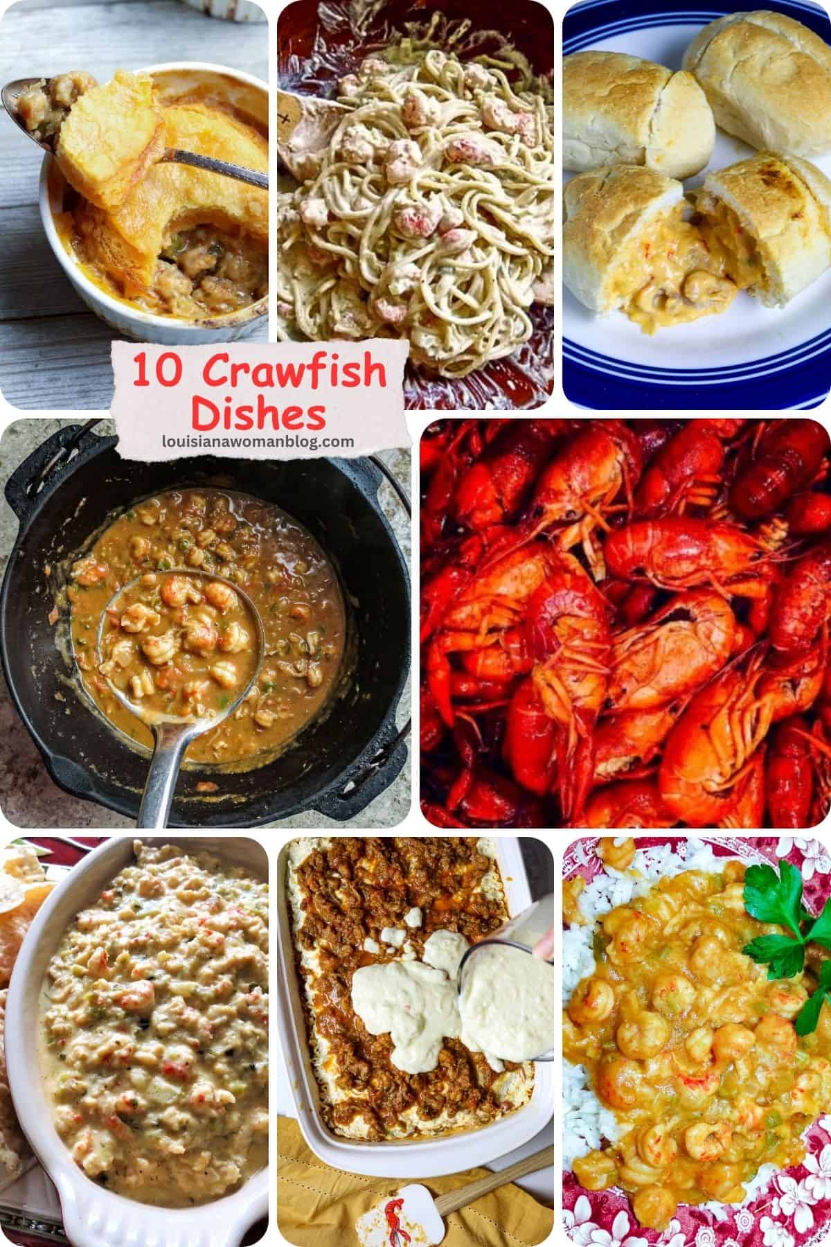 Photo Collage of 10 crawfish dishes for Pinterest.