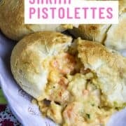 A Pinterest pin witha photo of shrimp pistolettes showing creamy seafood filling.