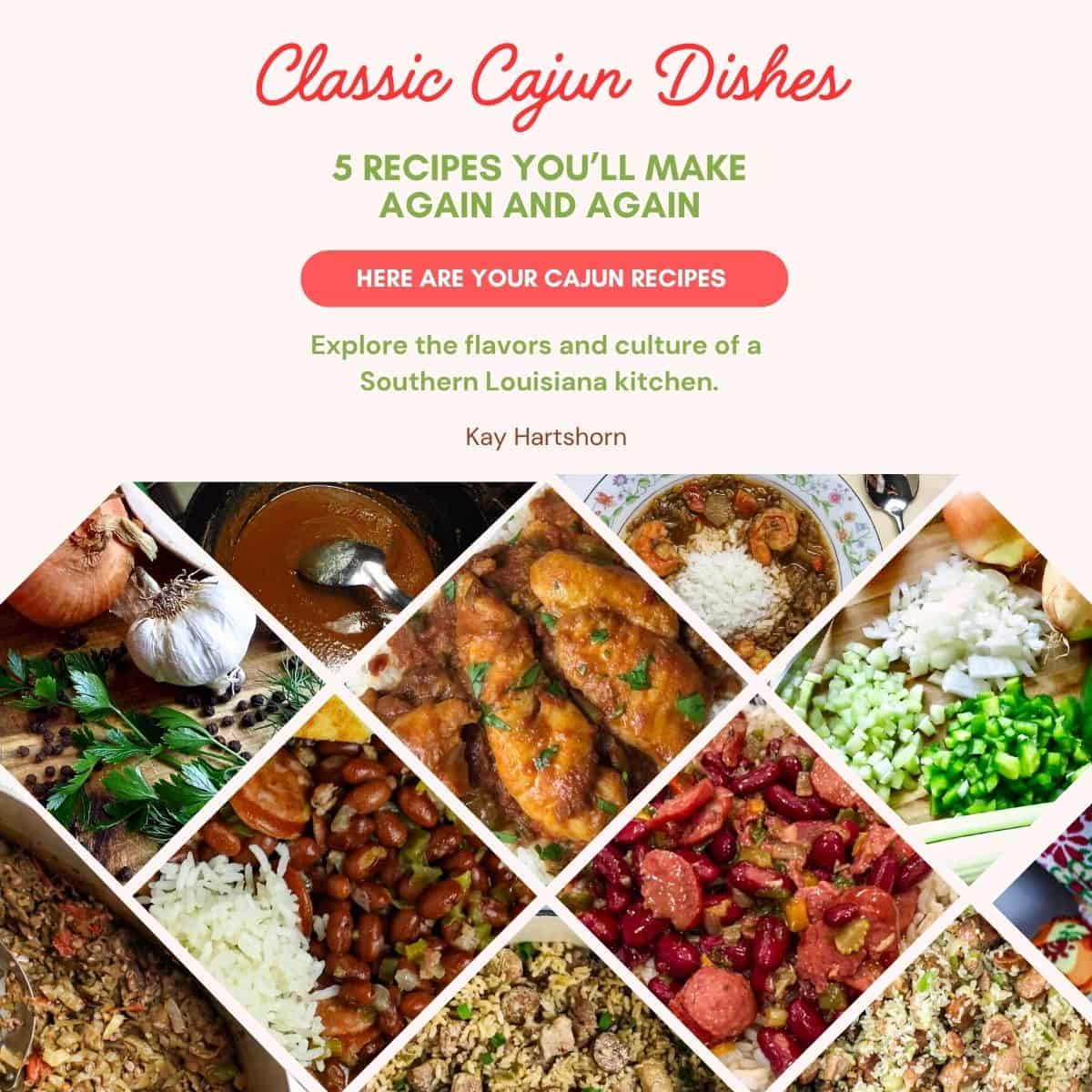 Ebook of Classic Cajun Dishes with a grid of 10 photos of food.