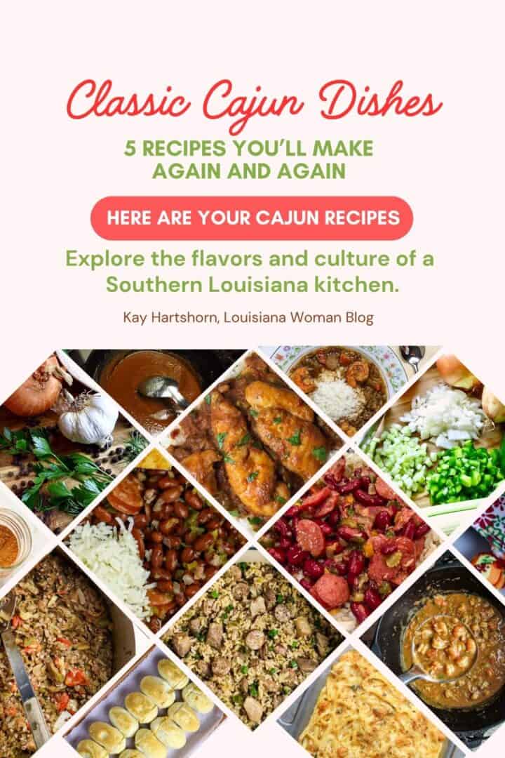 Ebook cover for Classic Cajun Dishes with collage of different Cajun dishes.