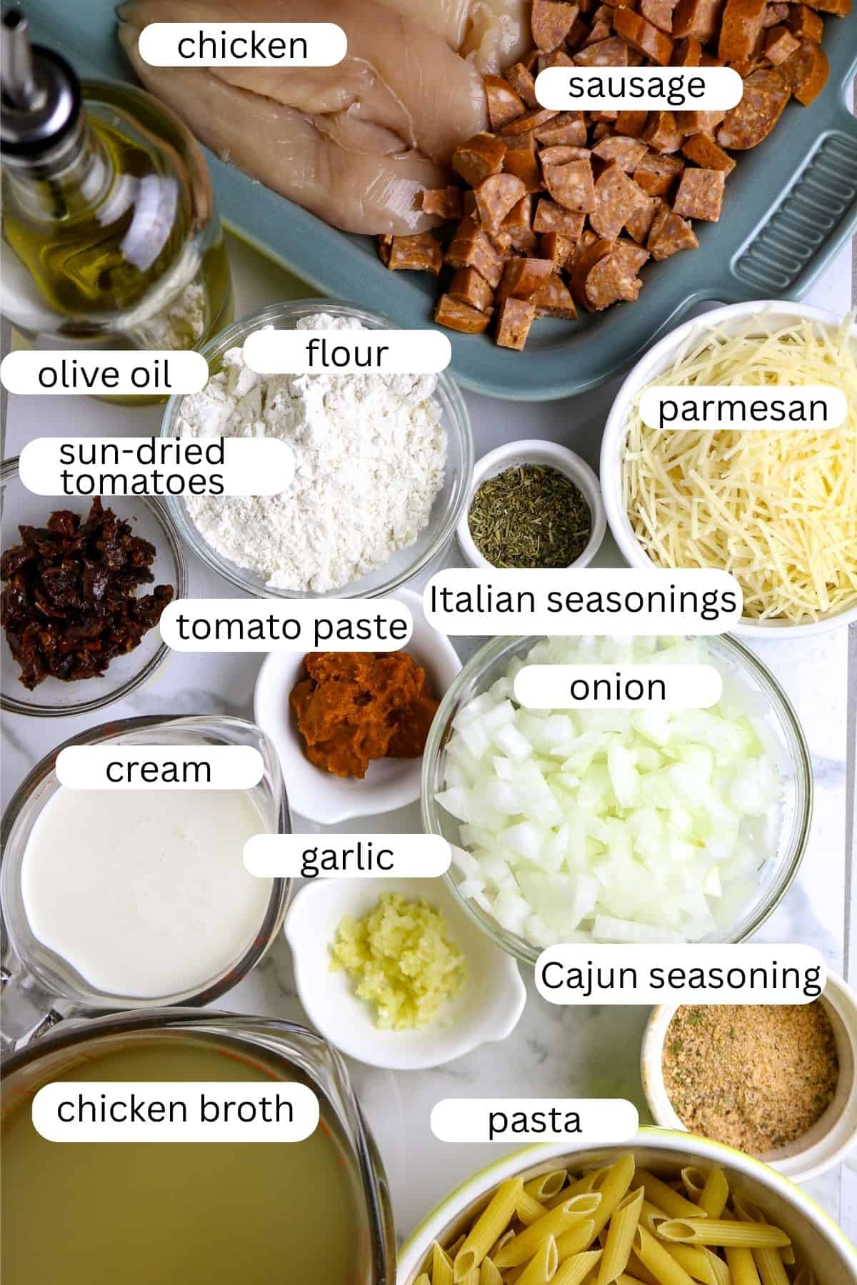Individual ingredients with labels for marry me chicken.