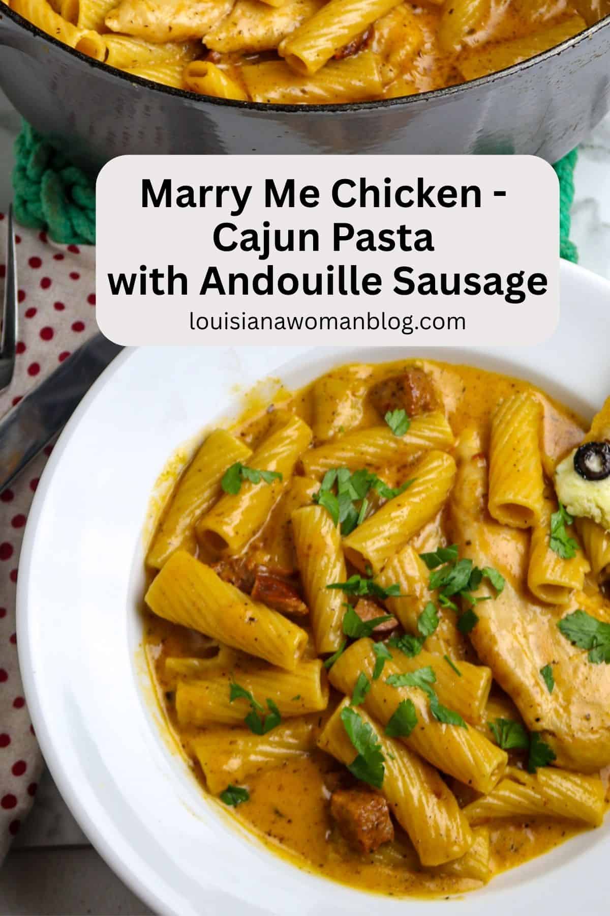 A white pasta bowl of chicken, pasta, sausage, in a luscious sauce sprinkled with chopped parsley.