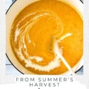 A Pinterest Pin with a Dutch oven of Yellow Squash Bisque.
