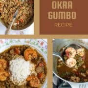 A Pinterest Pin with a collage of photos of shrimp okra gumbo in a pot and in a bowl.