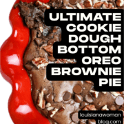 A brownie pie for Pinterest Pin with a description written across it.