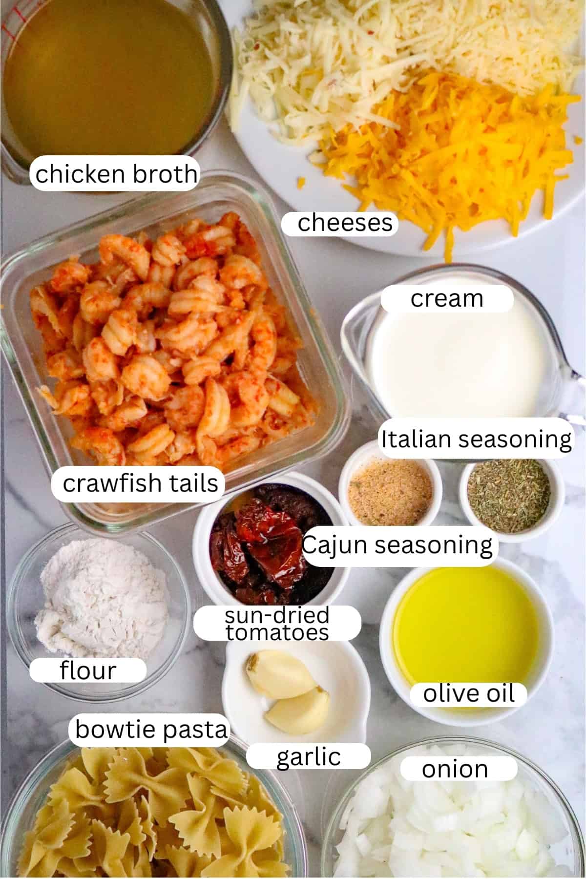 Ingredients on a counter for Marry Me Crawfish.